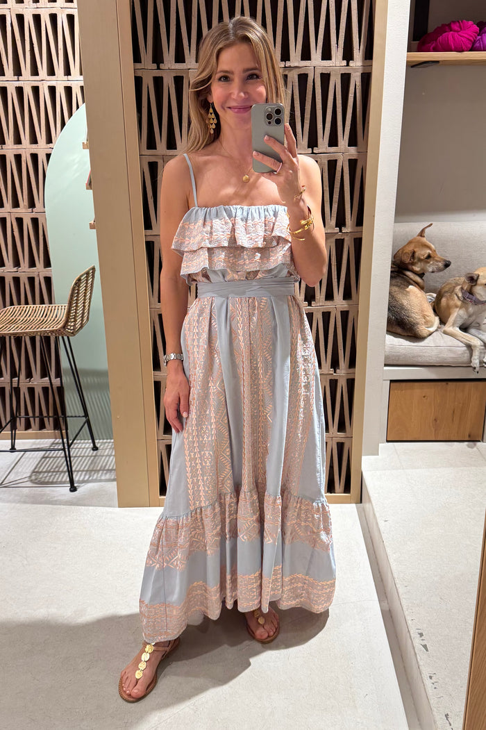 STRAPPY MIDI COTTON DRESS WITH RUFFLES "EMBROIDERED" LIGHT GREY/PINK