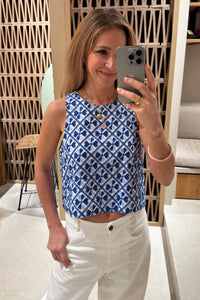 CROPPED EMBROIDERED RAMIE TOP "FLAKES" WHITE/BLUE/CIEL