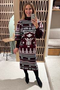 MIDI INTARSIA KNIT DRESS BLACK/ECRU/BORDEAUX