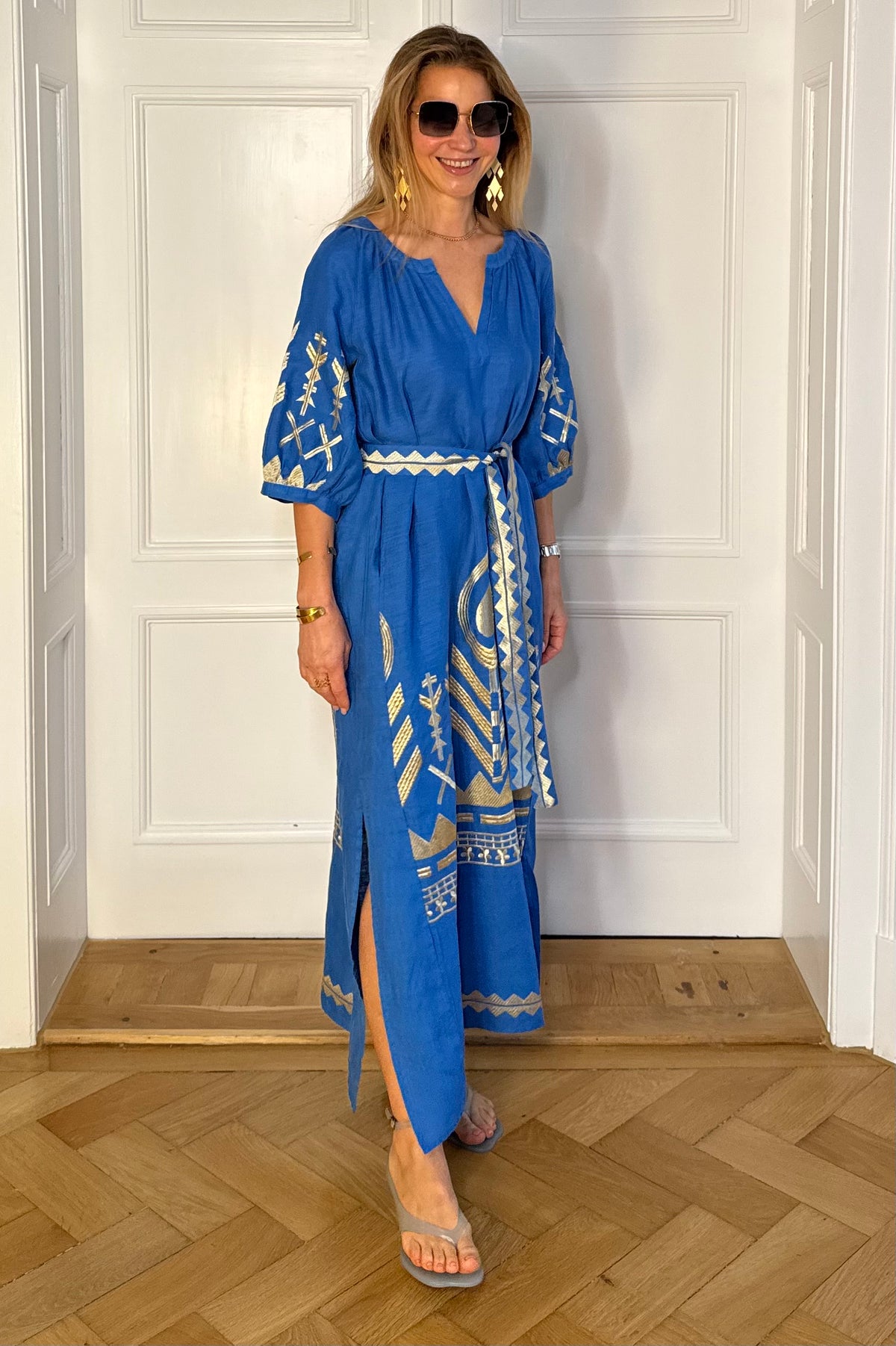 LONG LINEN KAFTAN DRESS "FEATHER" BLUE RAF/GOLD