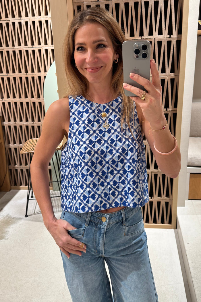 CROPPED EMBROIDERED RAMIE TOP "FLAKES" WHITE/BLUE/CIEL