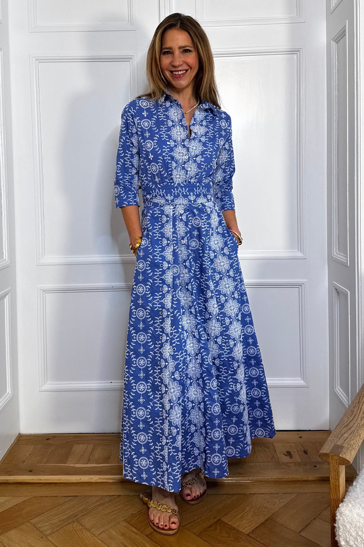 LONG EMBROIDERED COTTON DRESS "ISMINI" BLUE