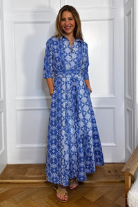 LONG EMBROIDERED COTTON DRESS "ISMINI" BLUE