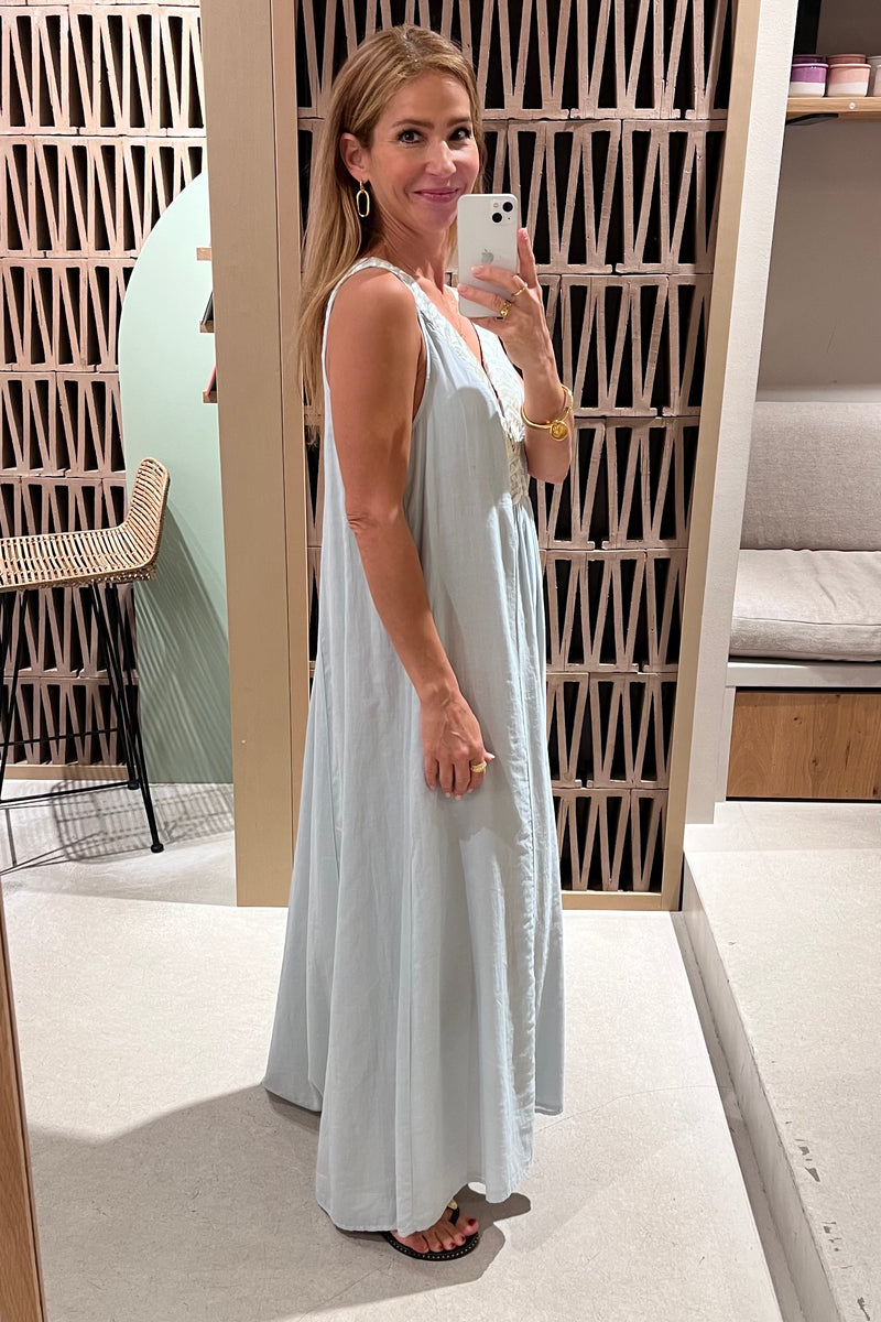LONG SLEEVELESS COTTON DRESS "TRIANGLE" LIGHT GREY/CHAMPAGNE