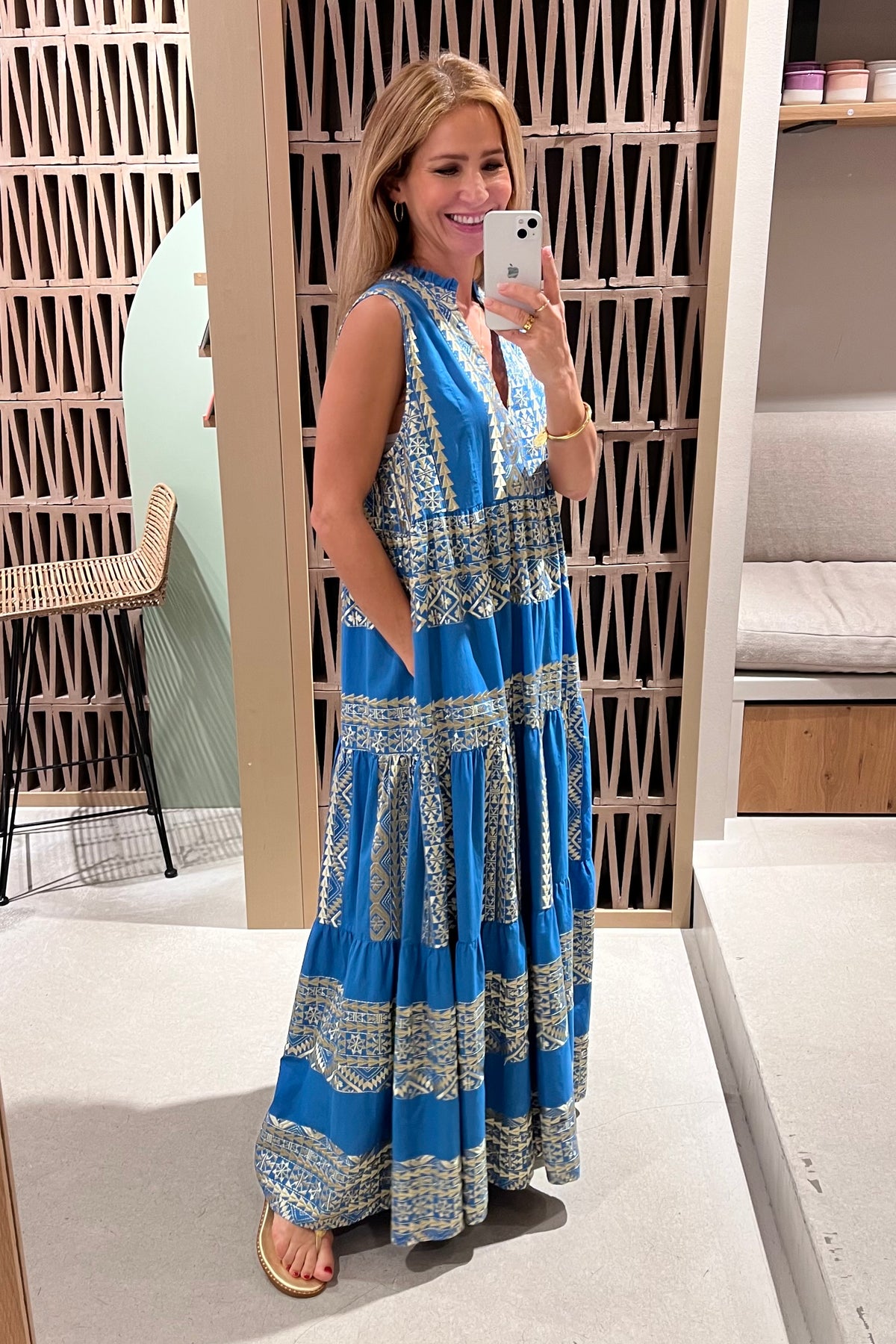 LONG SLEEVELESS DRESS "EMBROIDERED" BLUE RAF/GOLD