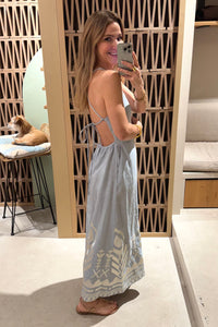 SLIM STRAPPY LINEN DRESS "FEATHER" LIGHT GREY/CHAMPAGNE