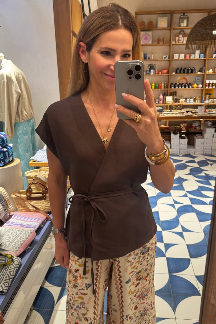 LINEN/VISCOSE WRAP BLOUSE BROWN