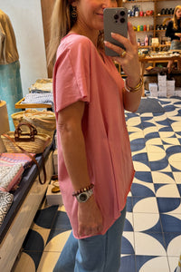 SUPER OVERSIZED V-NECK COTTON T-SHIRT PEACH