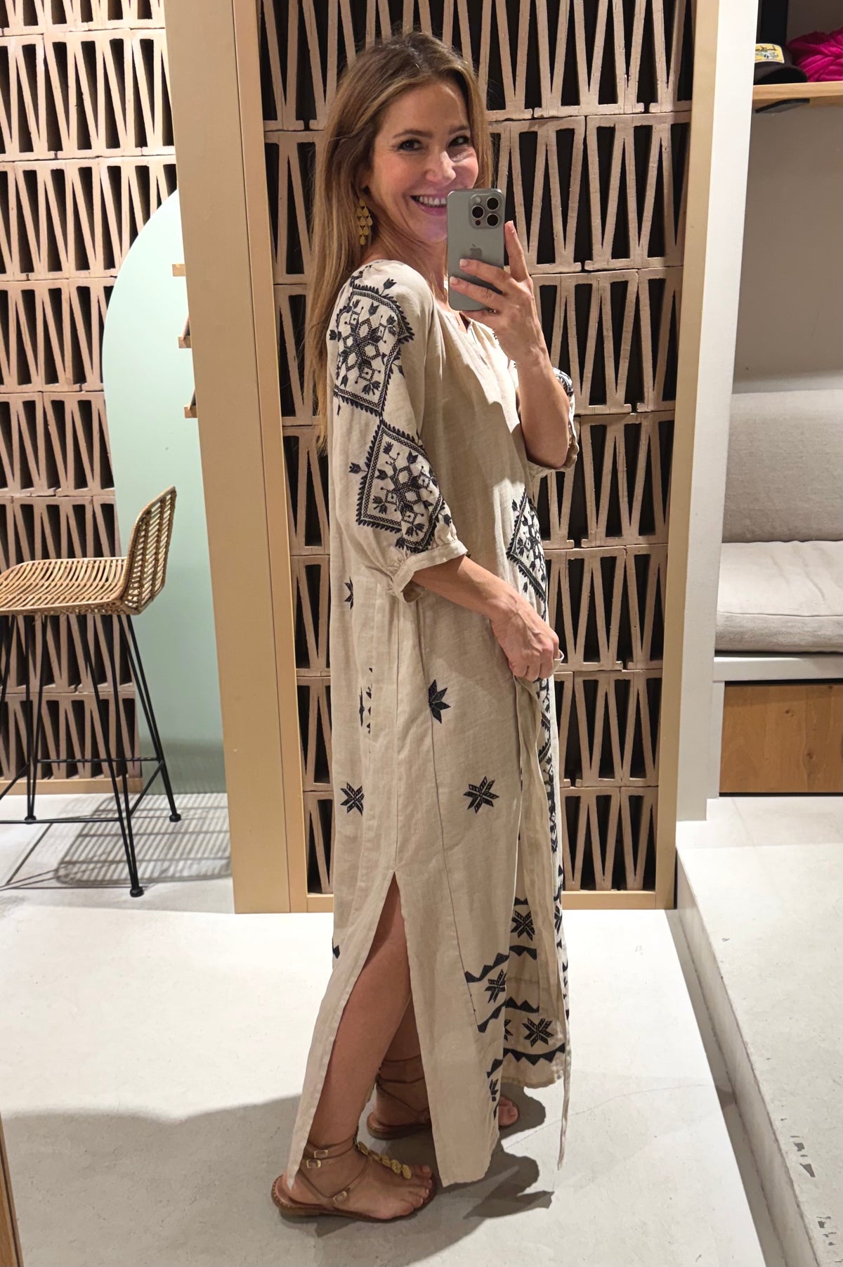 MIDI LINEN DRESS "LEFKADA" BEIGE/BLACK