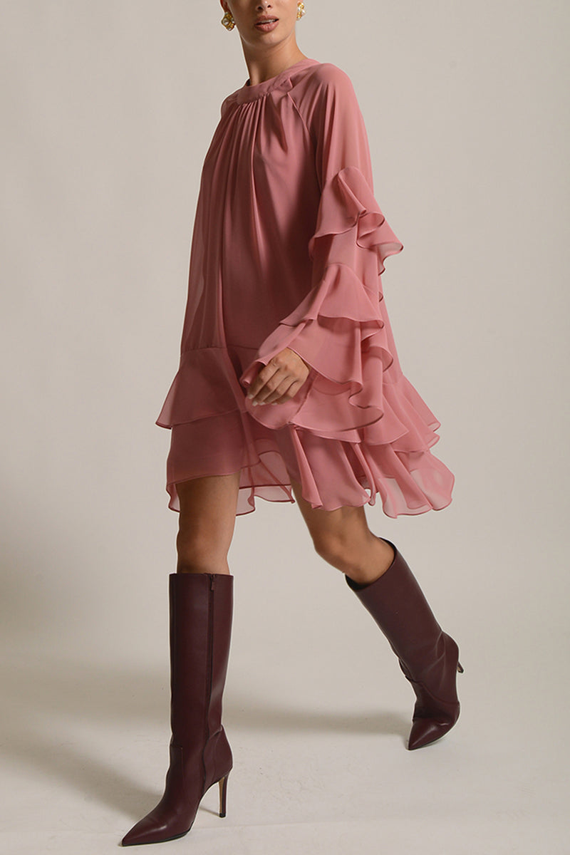 SHORT CHIFFON DRESS WITH VOLANTS DUSTY PINK