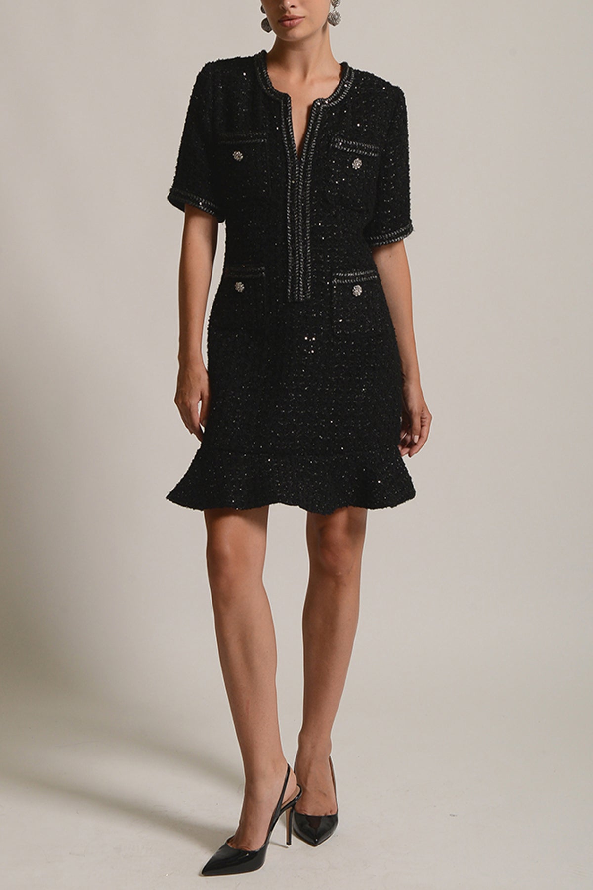 SHORT TWEED DRESS "COCO" WITH SEQUINS BLACK