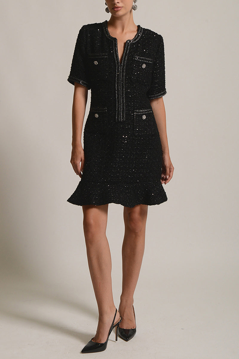 SHORT TWEED DRESS "COCO" WITH SEQUINS BLACK