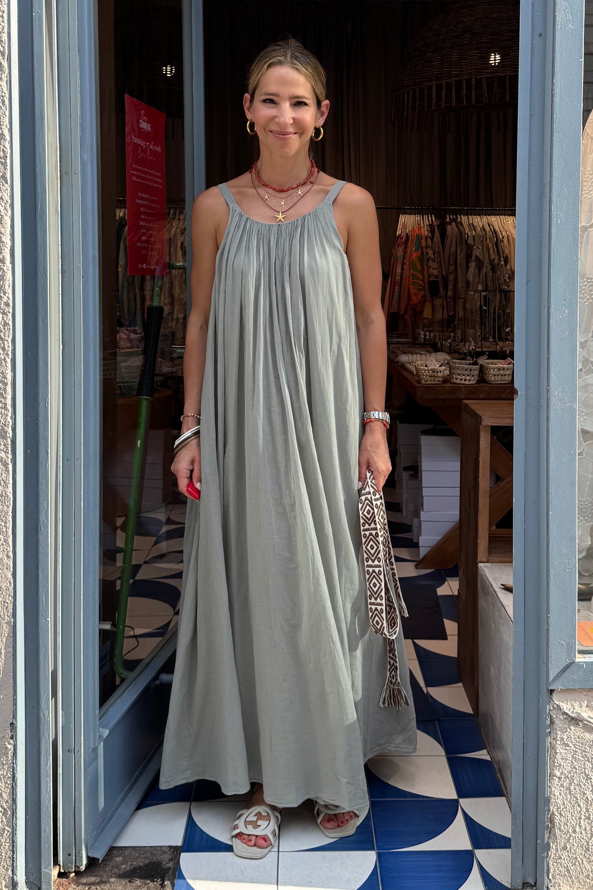 LONG SLEEVELESS COTTON DRESS "GAUZE" STONE
