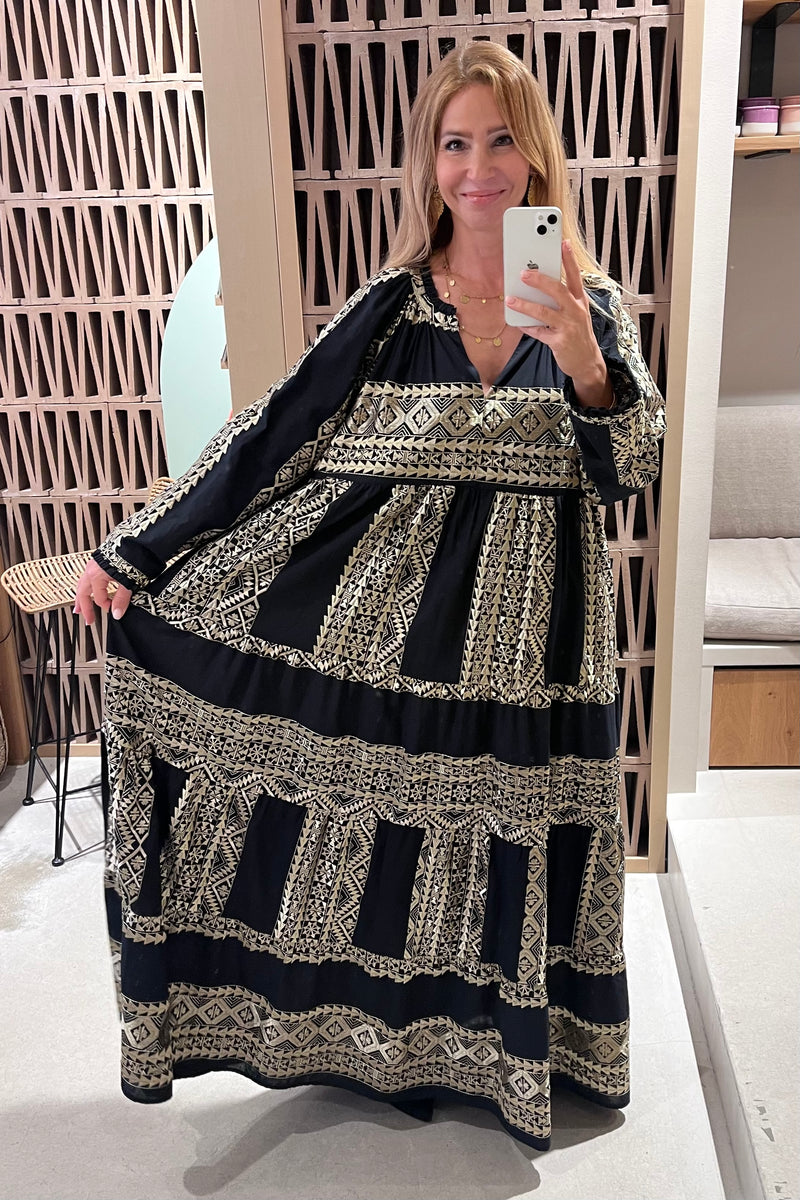 LONG DRESS "EMBROIDERED" BLACK/GOLD