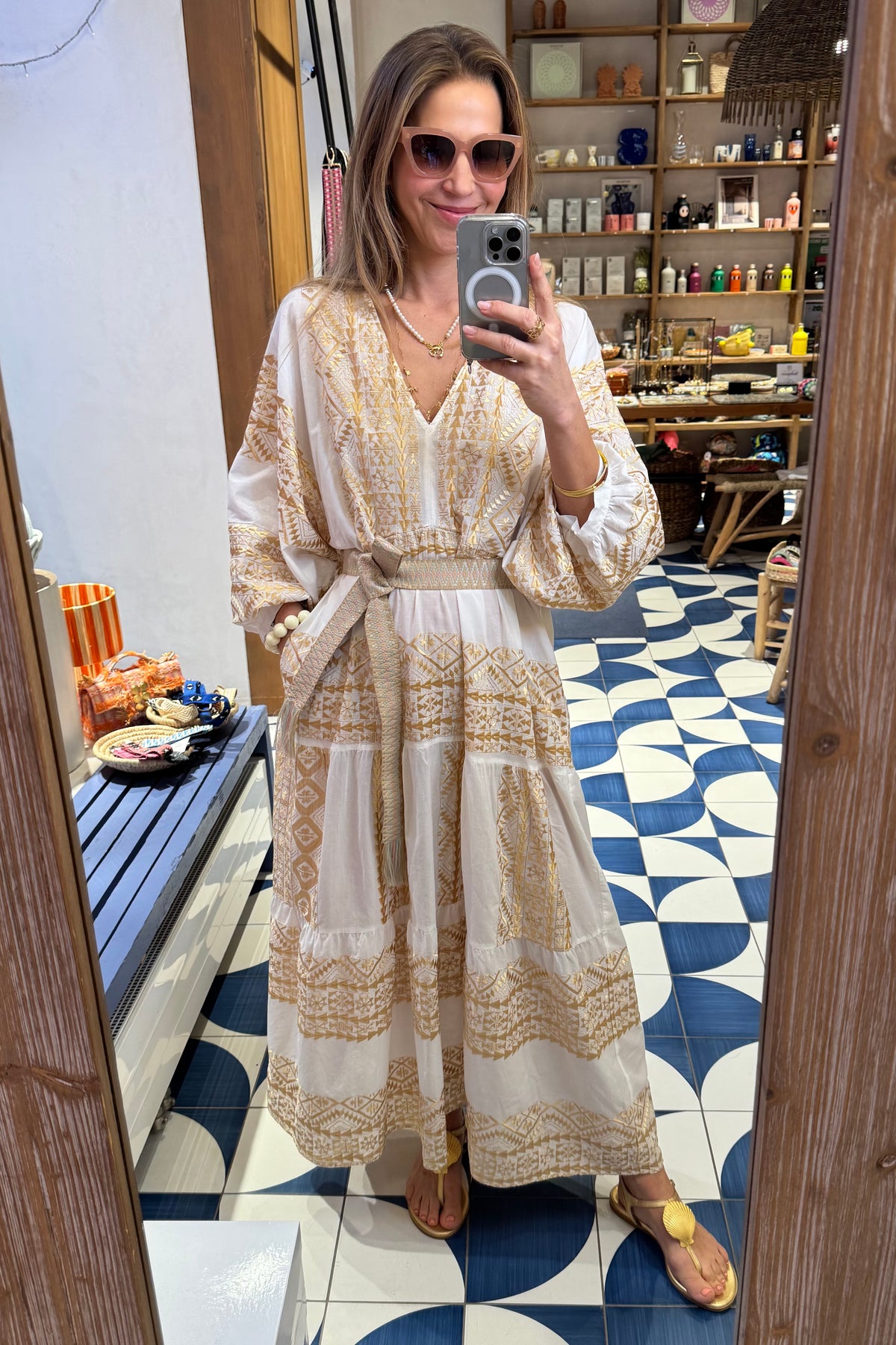 MIDI COTTON DRESS WITH BALLON SLEEVES "EMBROIDERED" WHITE/GOLD