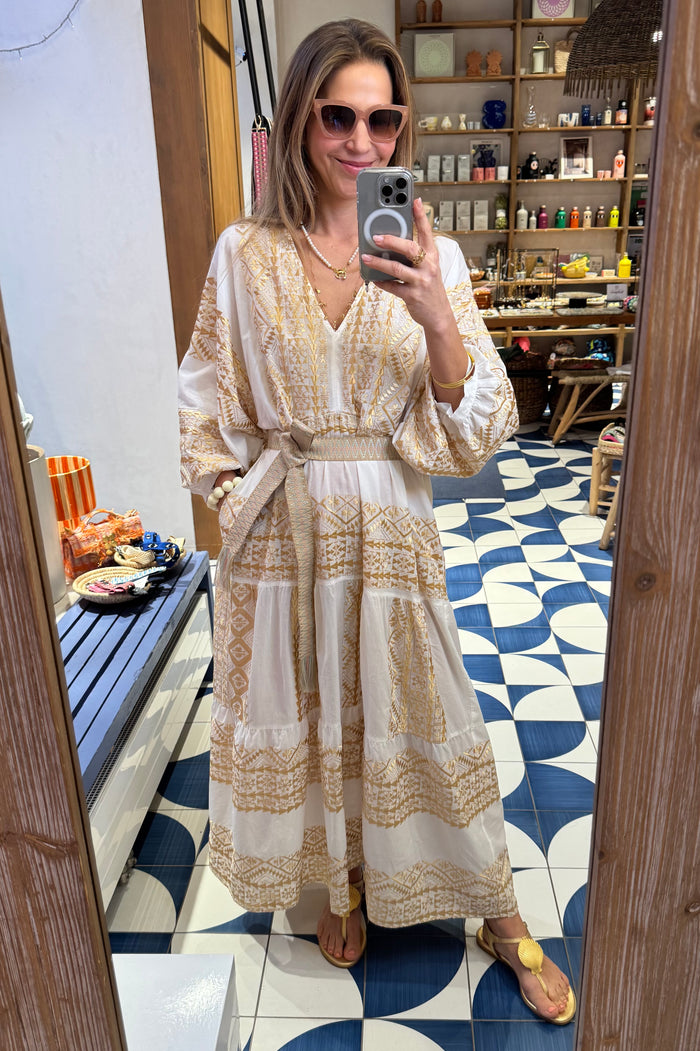 MIDI COTTON DRESS WITH BALLON SLEEVES "EMBROIDERED" WHITE/GOLD