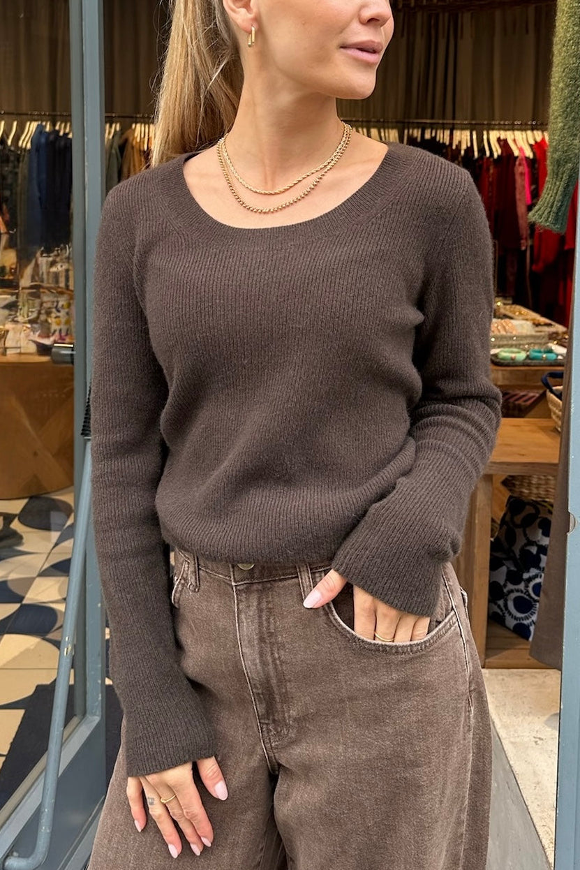 TAILORED RIBBED CASHMERE PULLOVER CHOCOLATE