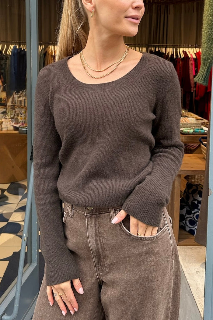 TAILORED RIBBED CASHMERE PULLOVER CHOCOLATE