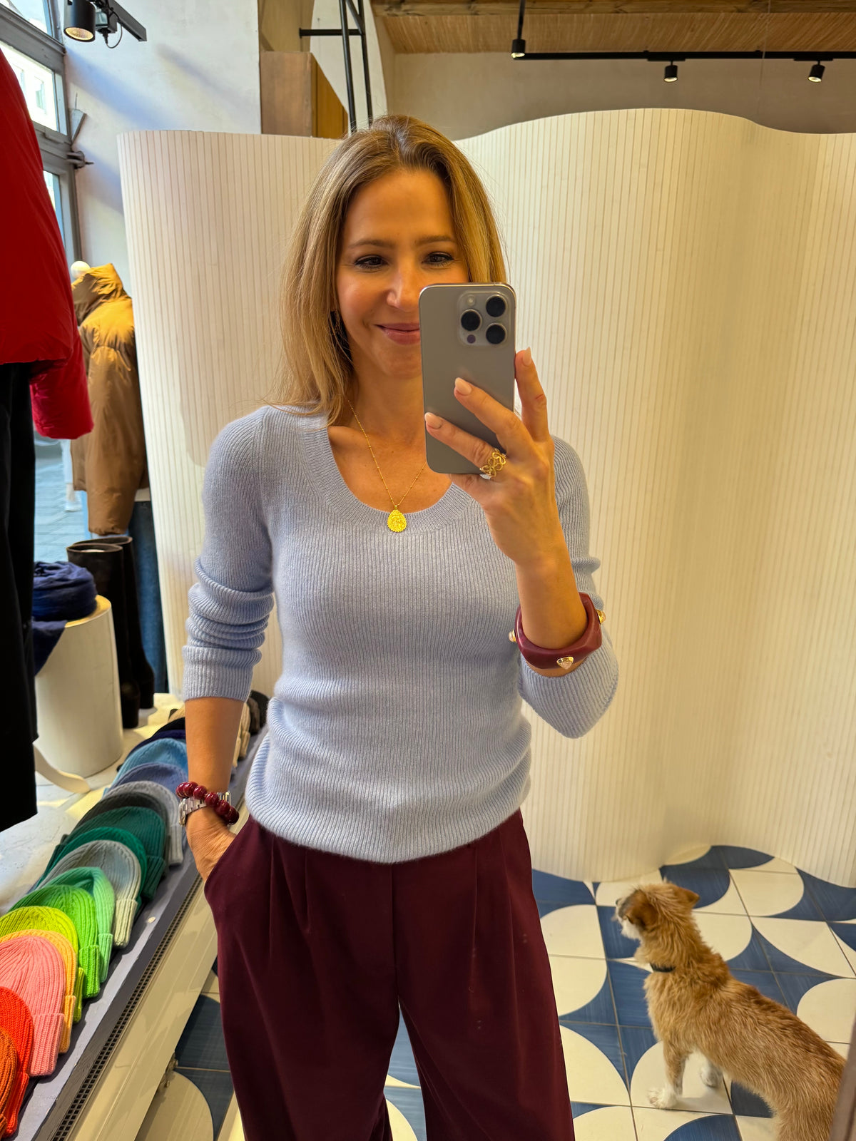 TAILORED RIBBED CASHMERE PULLOVER CIEL