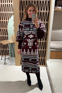 MIDI INTARSIA KNIT DRESS BLACK/ECRU/BORDEAUX