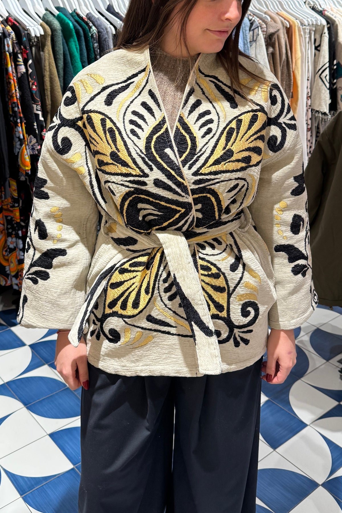JACQUARD KIMONO JACKET OFFWHITE/BLACK/GOLD