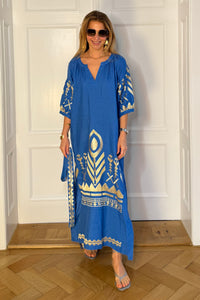 LONG LINEN KAFTAN DRESS "FEATHER" BLUE RAF/GOLD