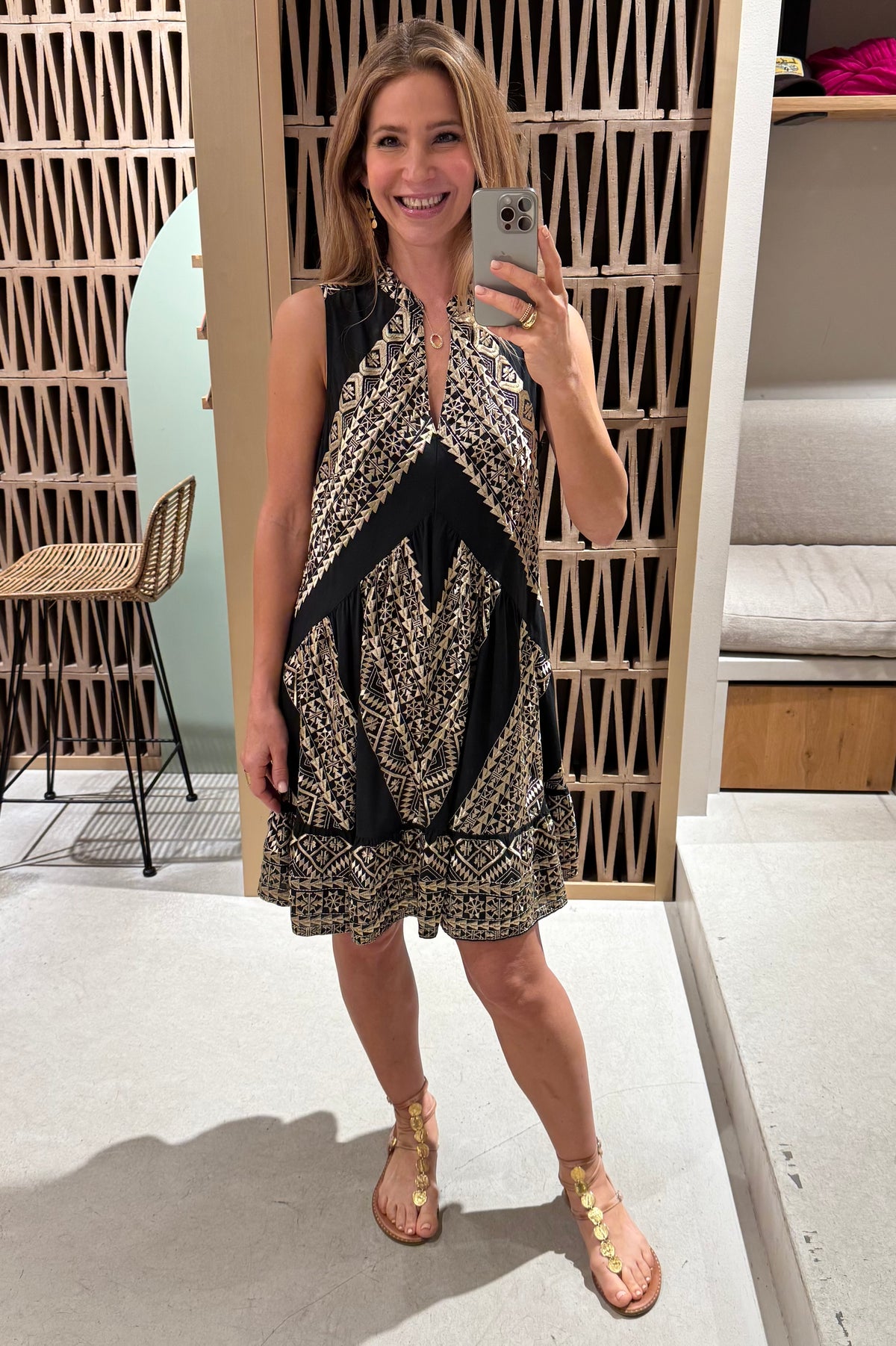 SHORT SLEEVELESS COTTON DRESS "EMBROIDERED" BLACK/GOLD