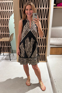 SHORT SLEEVELESS COTTON DRESS "EMBROIDERED" BLACK/GOLD