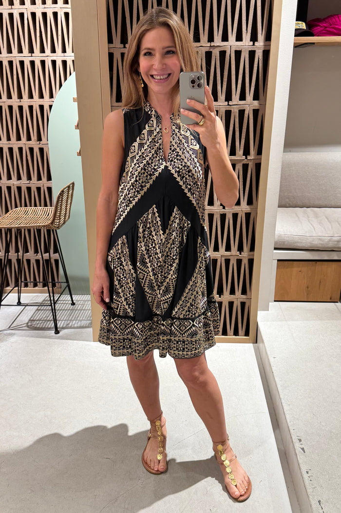 SHORT SLEEVELESS COTTON DRESS "EMBROIDERED" BLACK/GOLD
