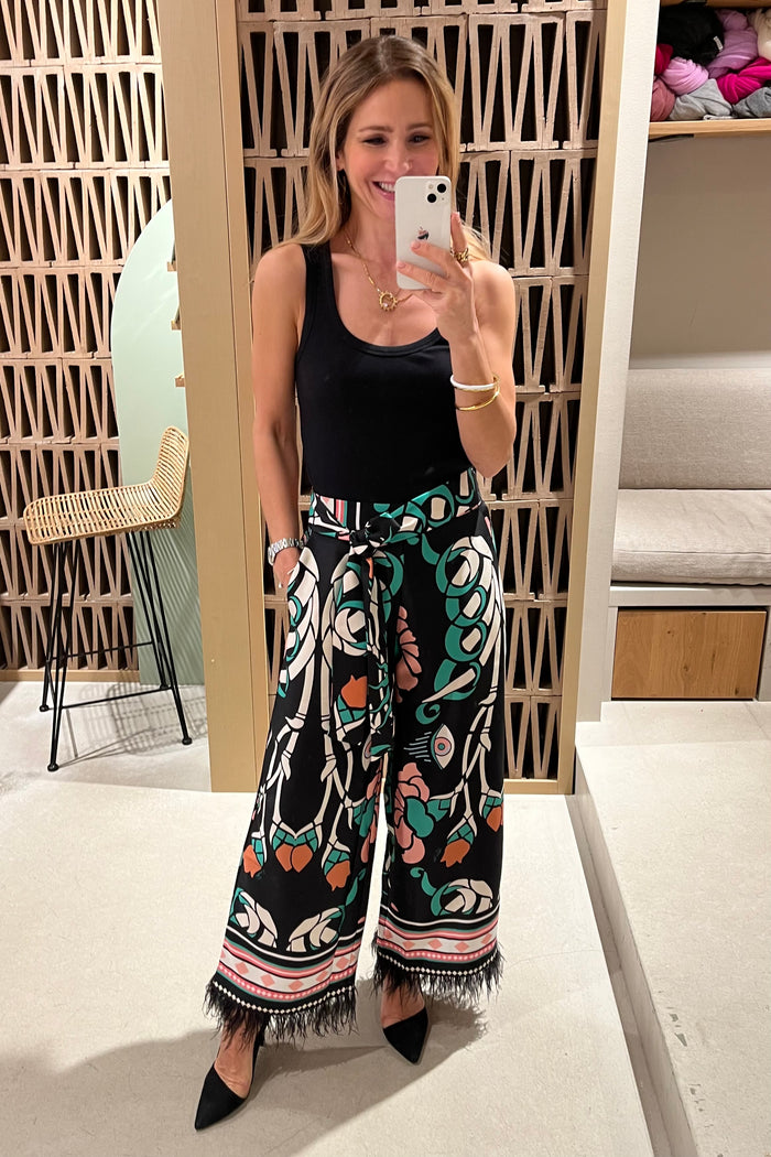 WIDE LEG FEATHER TRIMMED PANTS "MOONFLOWER" MULTICOLOR