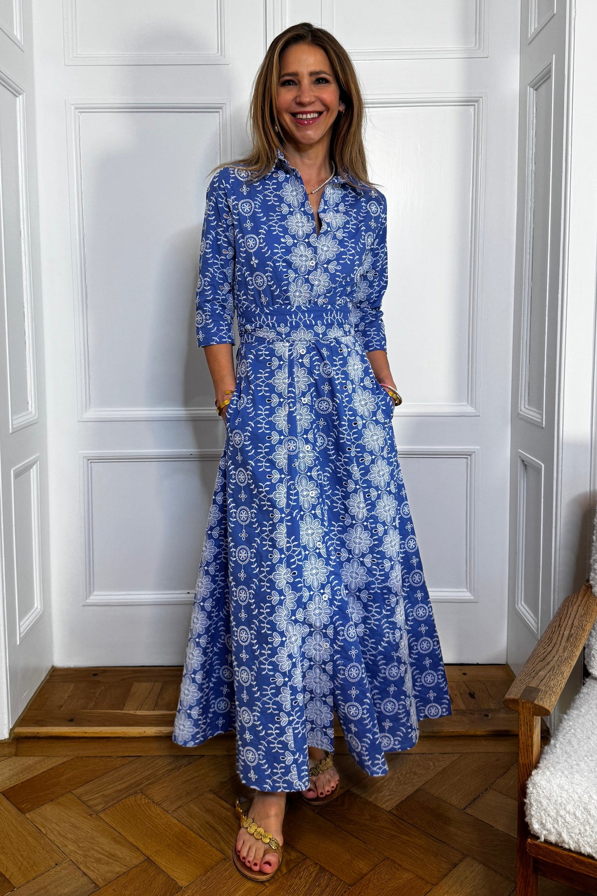 LONG EMBROIDERED COTTON DRESS "ISMINI" BLUE