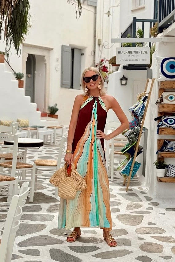 LONG SILKY HALTER NECK DRESS "JULIA" SUNSET