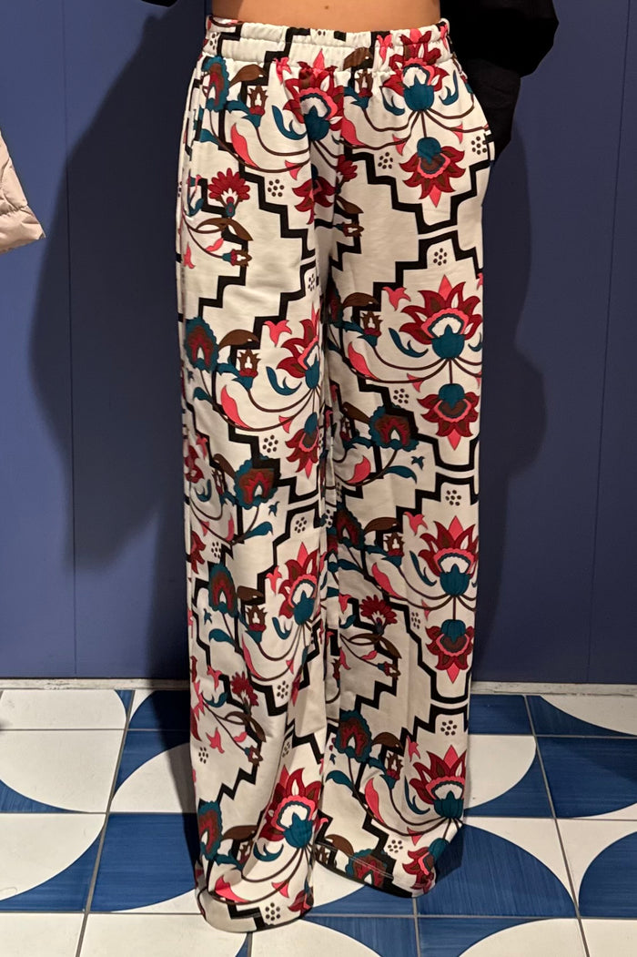 COTTON SWEATER PANTS WITH FLOWER PRINT ECRU/MULTI
