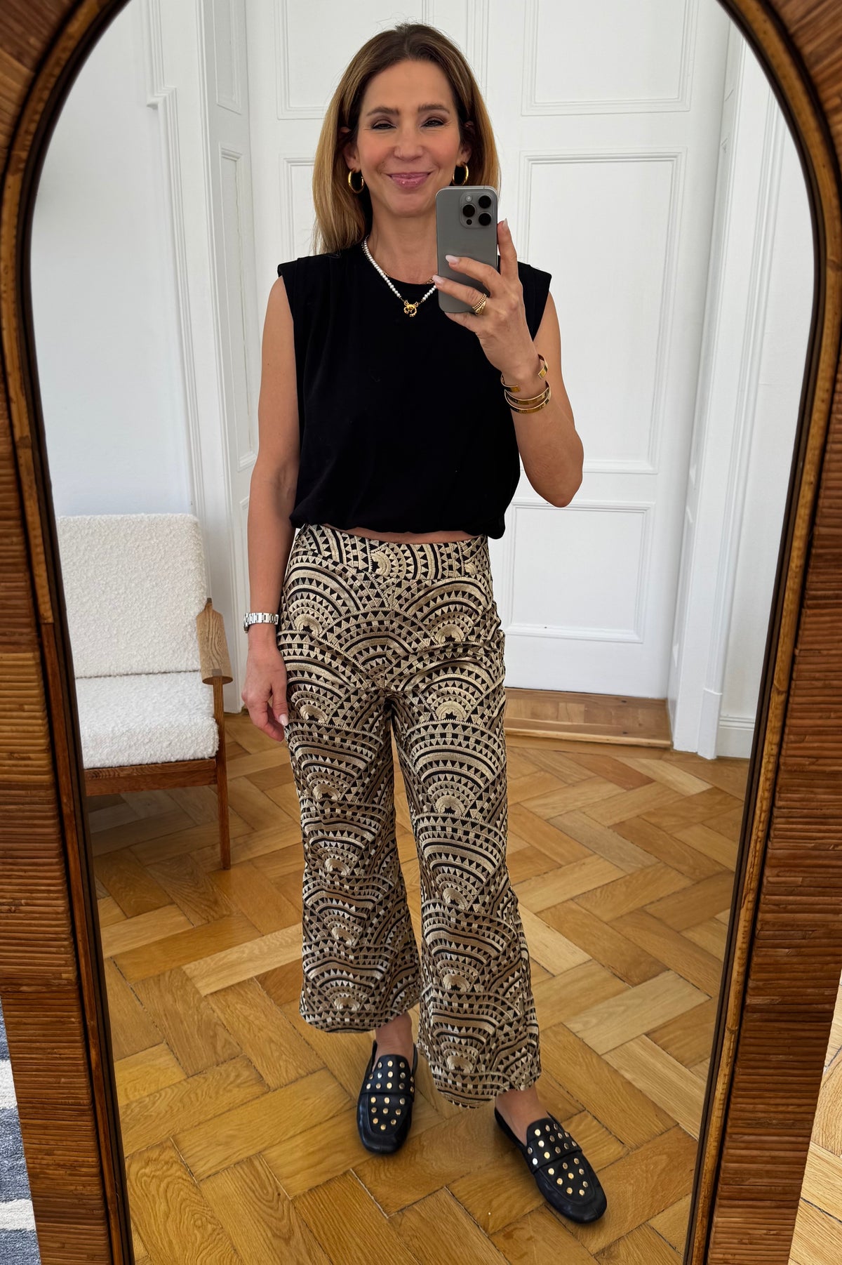 CROPPED EMBROIDERED COTTON PANTS "TRIANGLE" BLACK/GOLD