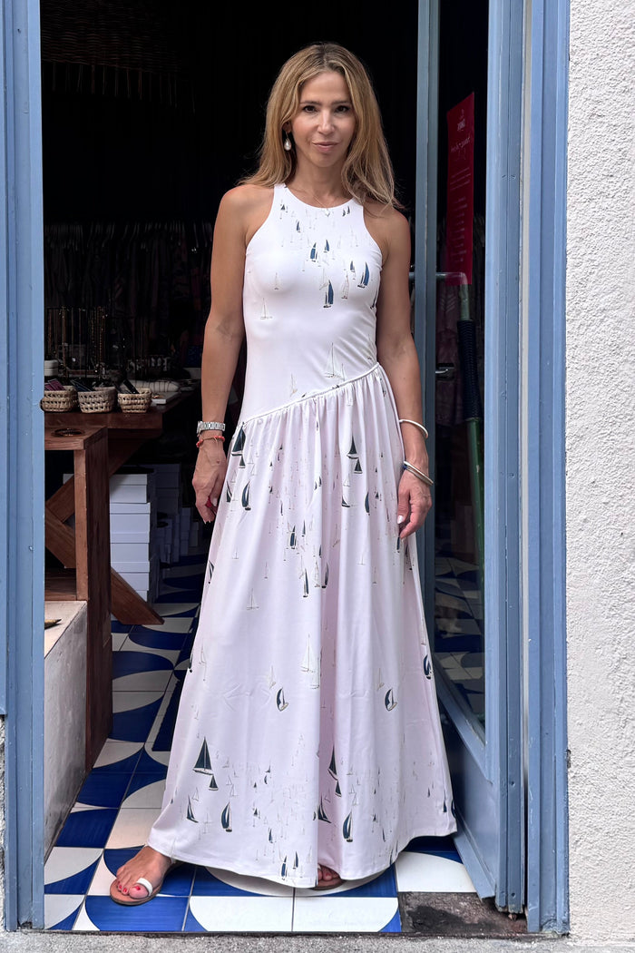 LONG SLEEVELESS DRESS "HILDA" PALE PINK/BOATS