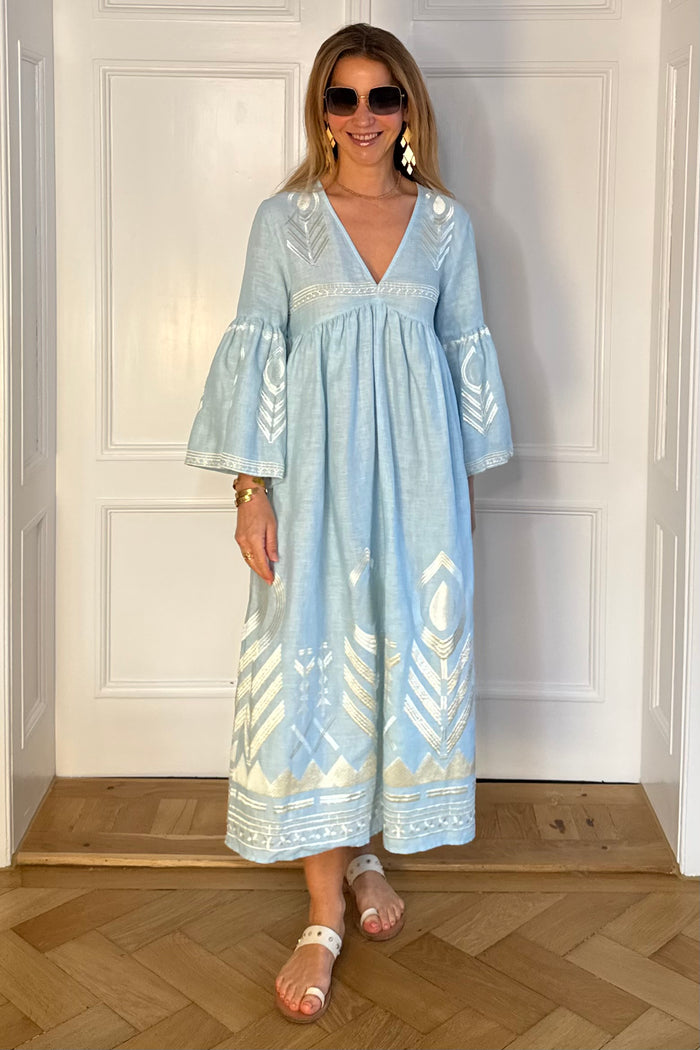kori feather linen dress Greek Archaic Blue-Gold Midi Crafted from 100% premium linen Greek Archaic Kori Feather Classic