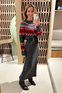 KNITTED LONG DRESS "WINTERDREAM" GREY/RED