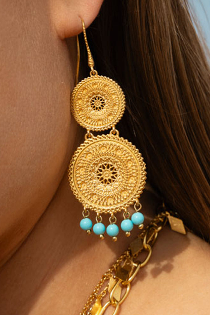 LONG EARRINGS "LABYRINTH DOUBLE" GOLD/TURQUOISE
