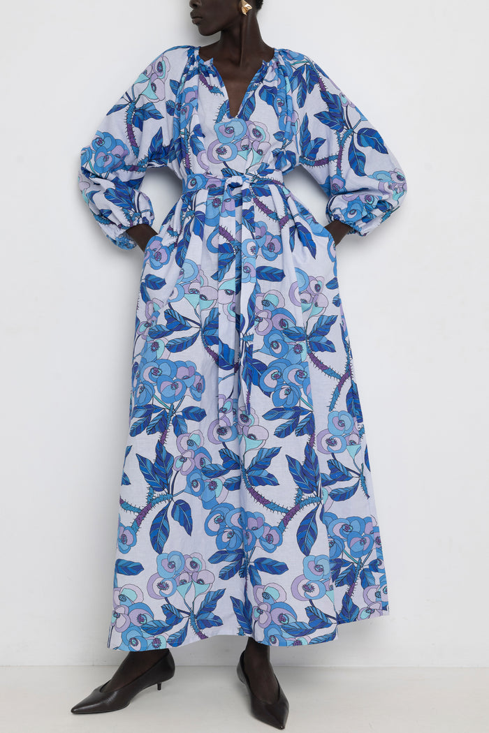 LONG LINEN/COTTON DRESS "ALA" MULTI BLUE *PRE ORDER*