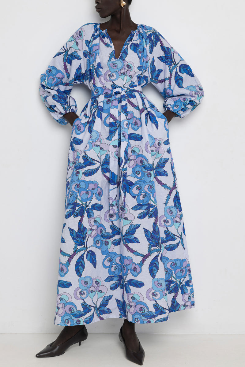 LONG LINEN/COTTON DRESS "ALA" MULTI BLUE
