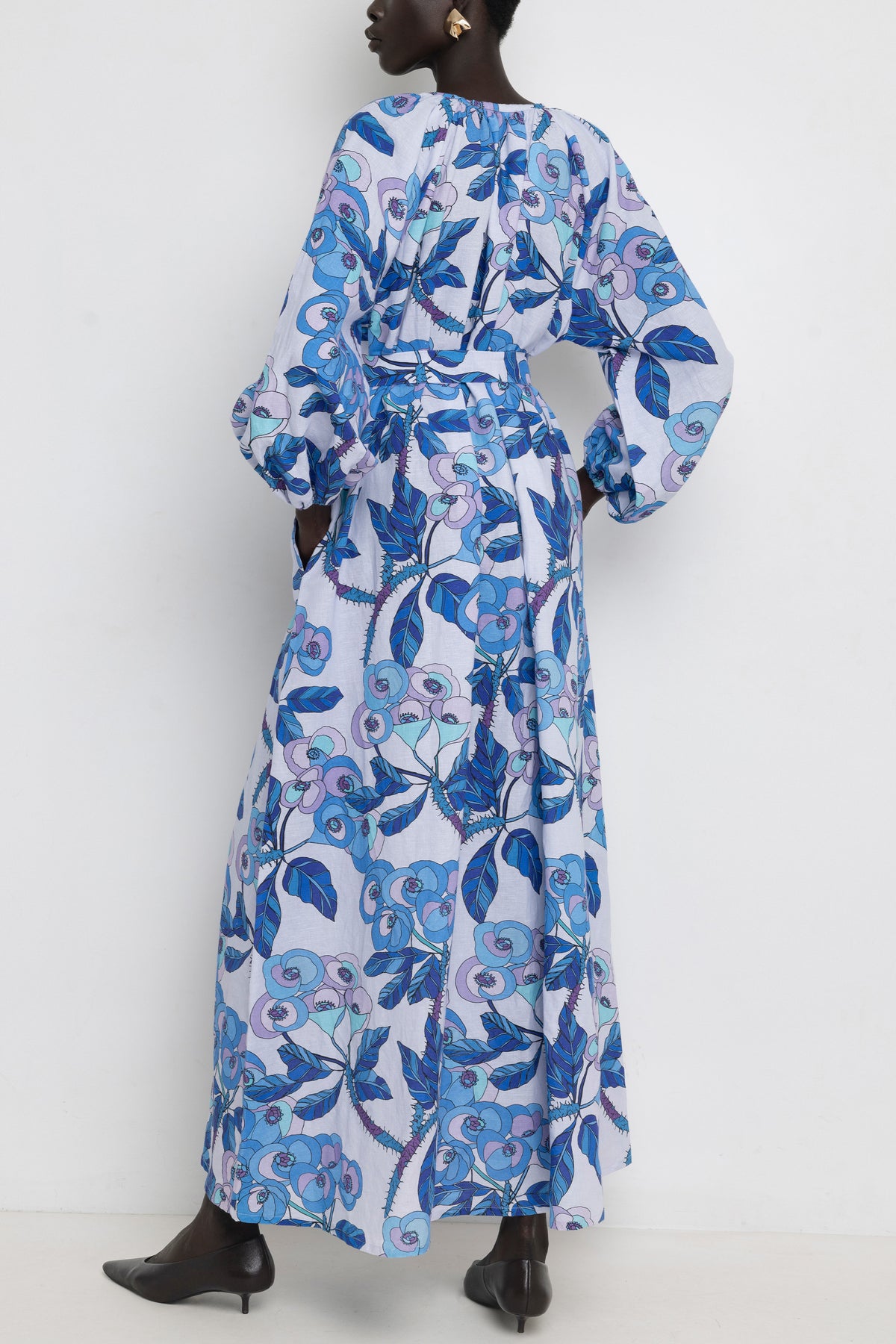 LONG LINEN/COTTON DRESS "ALA" MULTI BLUE *PRE ORDER*