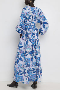 LONG LINEN/COTTON DRESS "ALA" MULTI BLUE *PRE ORDER*