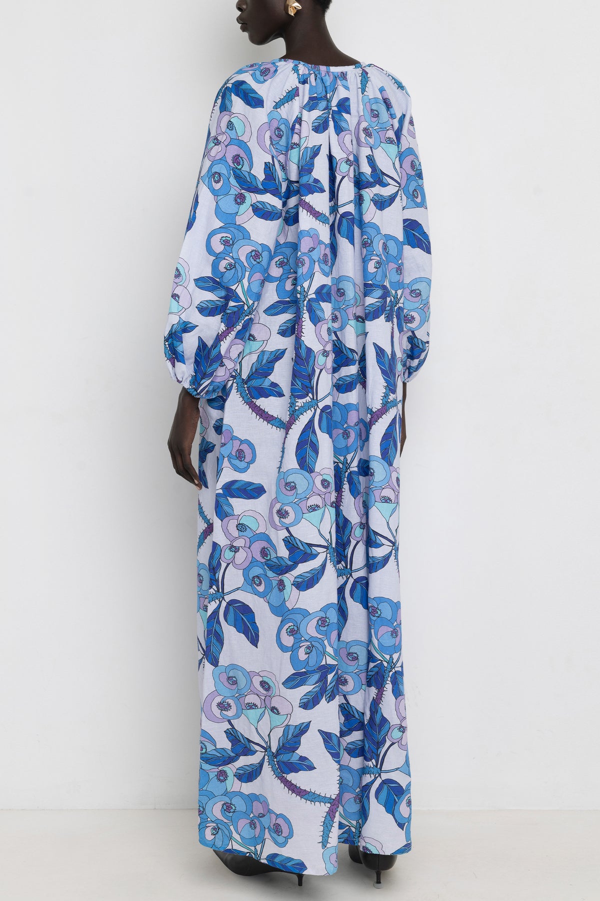LONG LINEN/COTTON DRESS "ALA" MULTI BLUE *PRE ORDER*