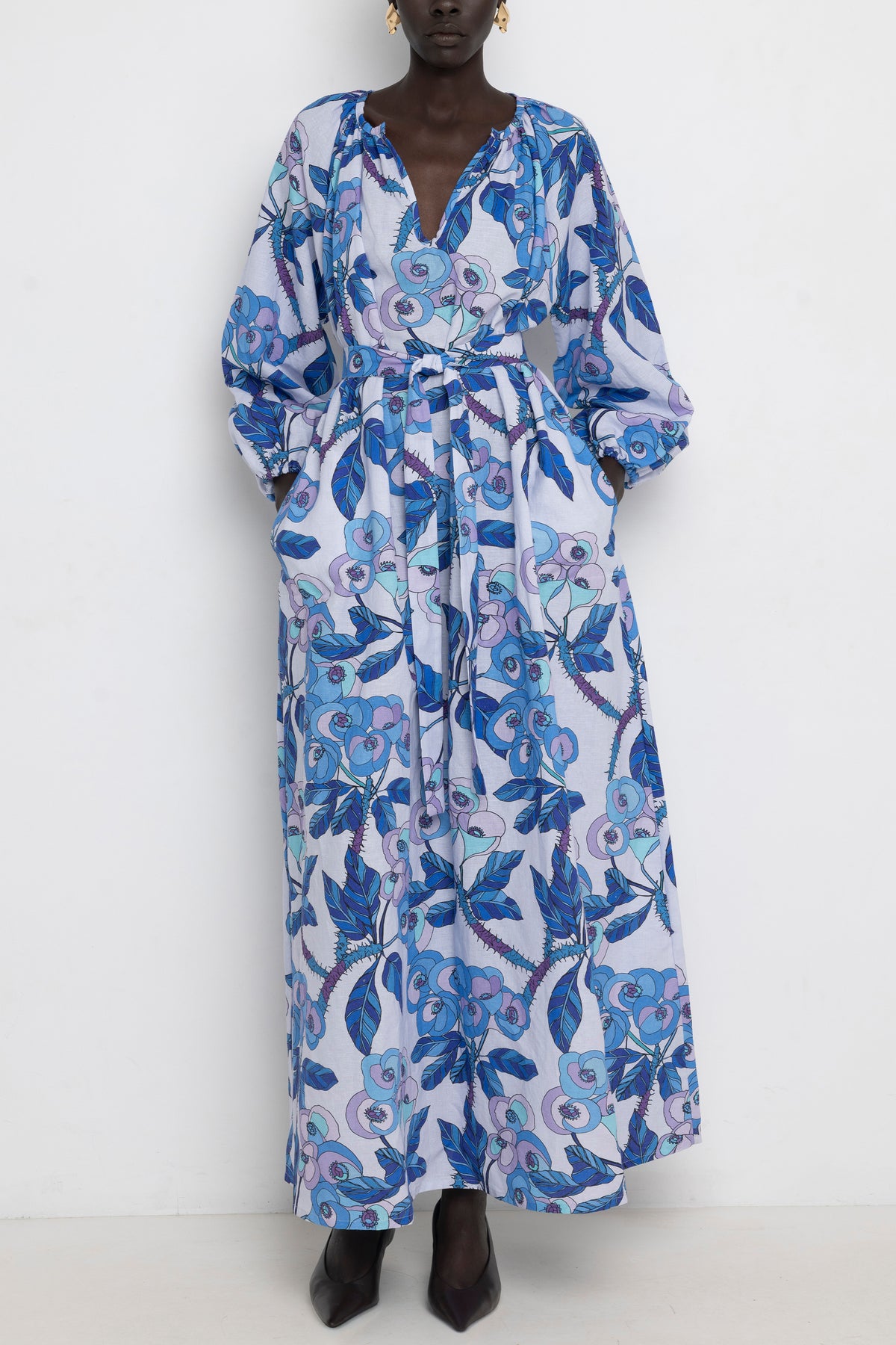 LONG LINEN/COTTON DRESS "ALA" MULTI BLUE *PRE ORDER*