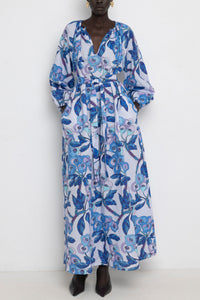 LONG LINEN/COTTON DRESS "ALA" MULTI BLUE *PRE ORDER*