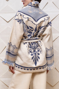 JACQUARD KIMONO JACKET "ATHENE" ECRU/DOVE BLUE