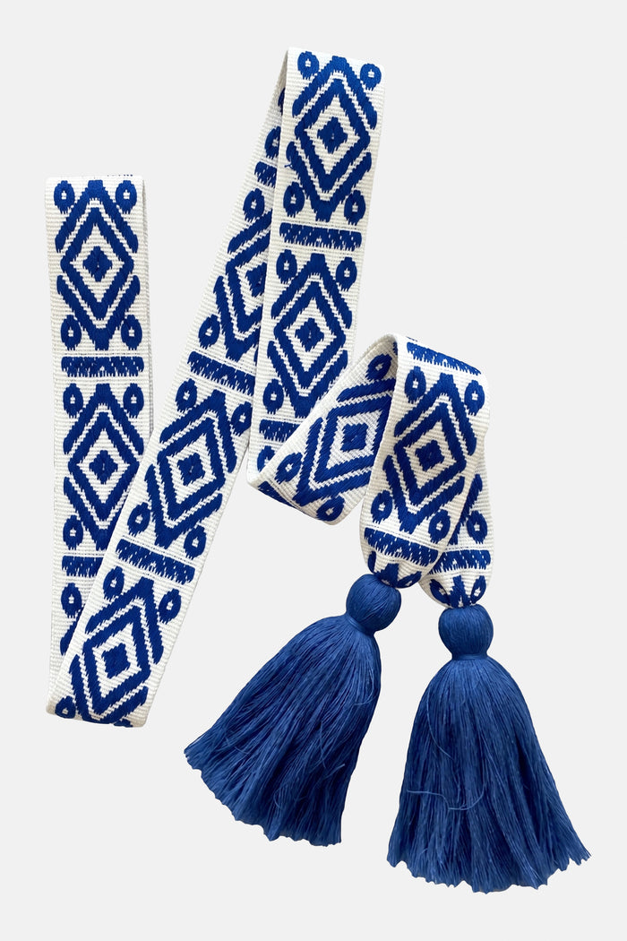 WOVEN BELT WITH TASSELS "AZTEK" ECRU/GREEK BLUE