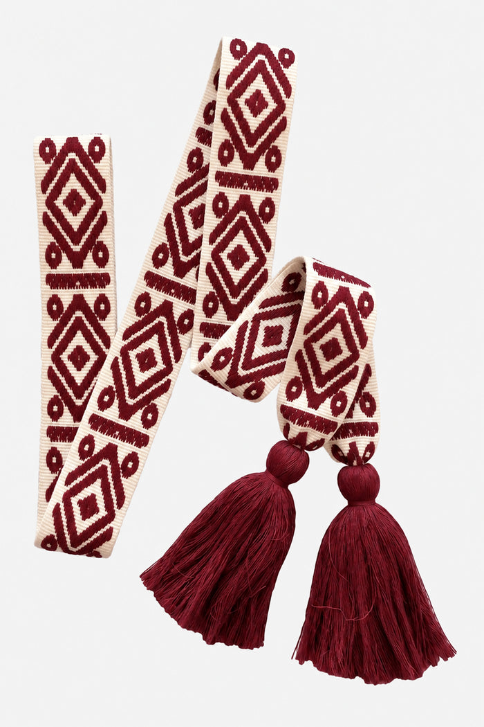 WOVEN BELT WITH TASSELS "AZTEK" ECRU/BORDEAUX
