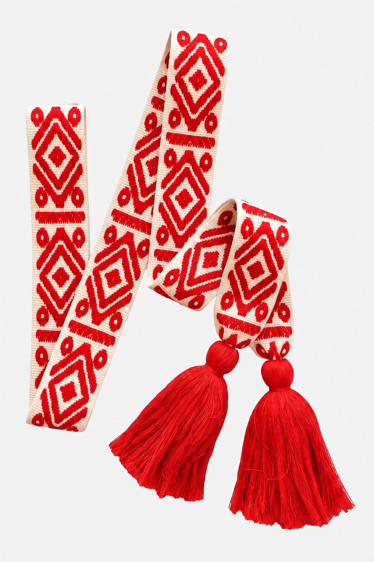 WOVEN BELT WITH TASSELS "AZTEK" ECRU/HOT RED