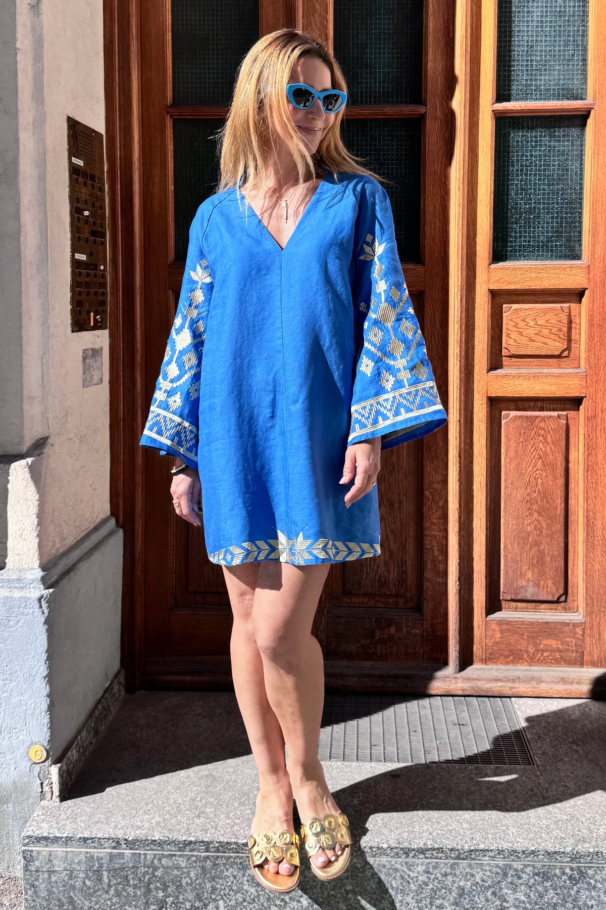SHORT LINEN KAFTAN DRESS "IOS" BLUE RAF/GOLD